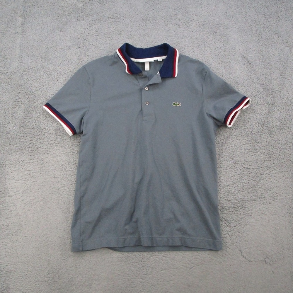 Lacoste Polo Shirt Mens Medium Gray Regular Fit Short Sleeve Tipped Pique Logo